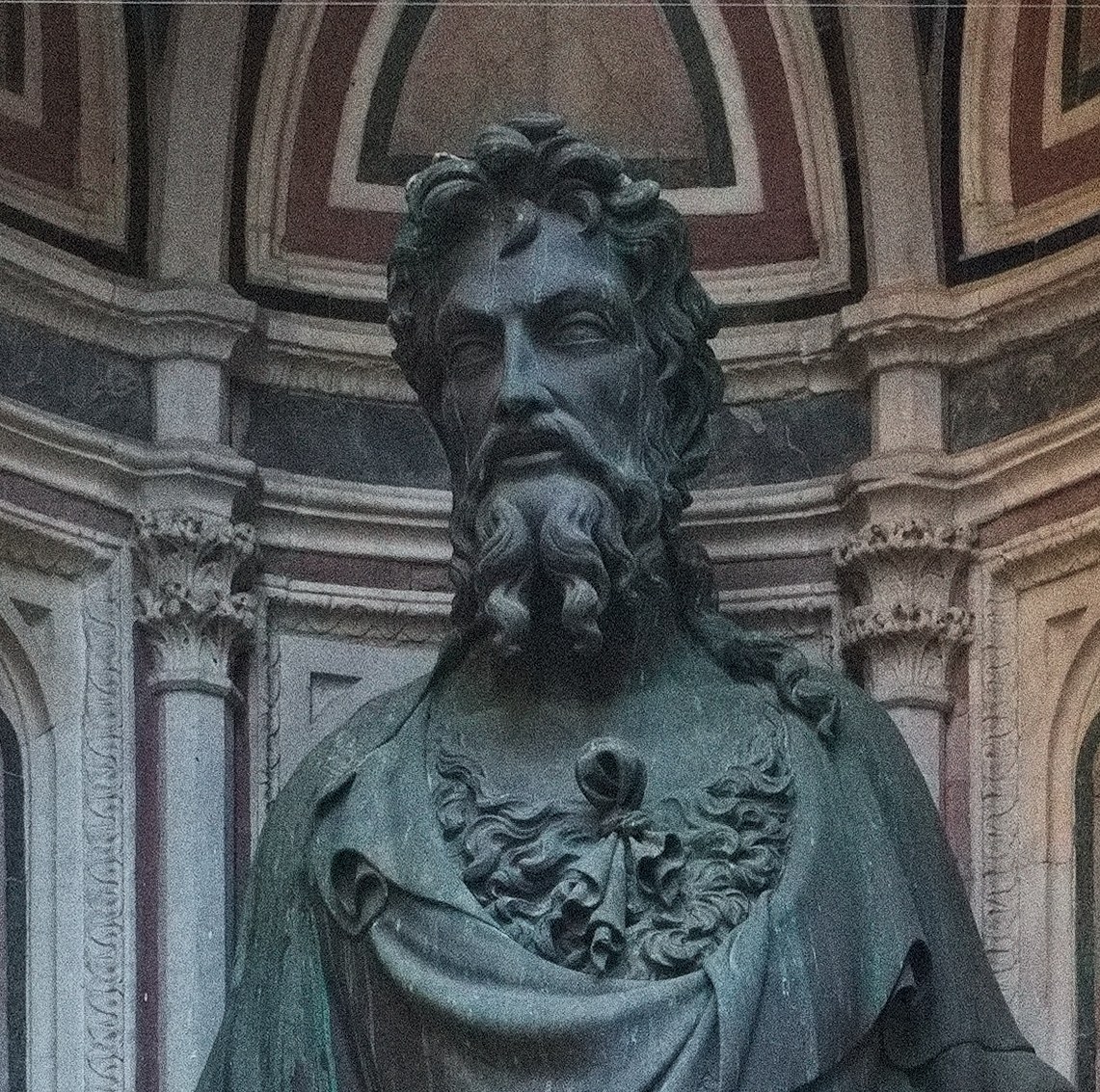 Head and concentrated gaze detail from the exterior replica of Ghiberti’s St John the Baptist